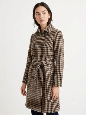 J. Crew Vintage 2005 Houndstooth Wool Double Breasted Belted Coat Brown Cream 8